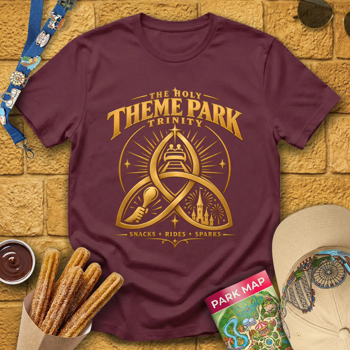 Theme Park Trinity [Golden] T-Shirt for Theme Park Fans (Maroon)