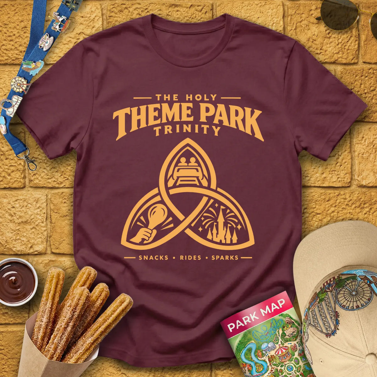 Theme Park Trinity [Sleek] T-Shirt for Theme Park Fans (Maroon)