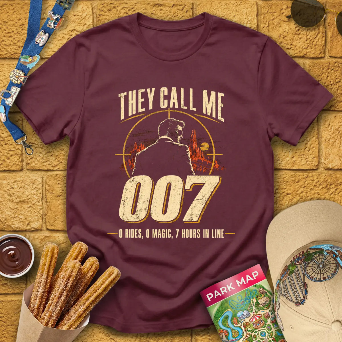 They Call Me 007 [Retro] T-Shirt for Theme Park Fans (Maroon)