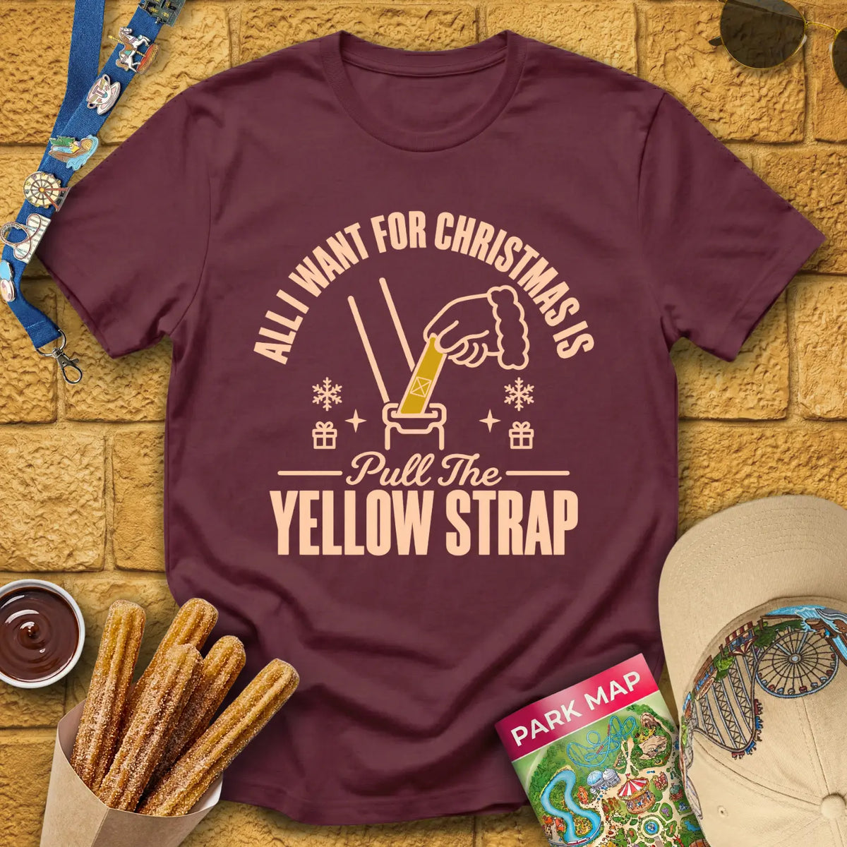 Yellow Strap Christmas [Emblem] T-Shirt for Theme Park Fans (Maroon)