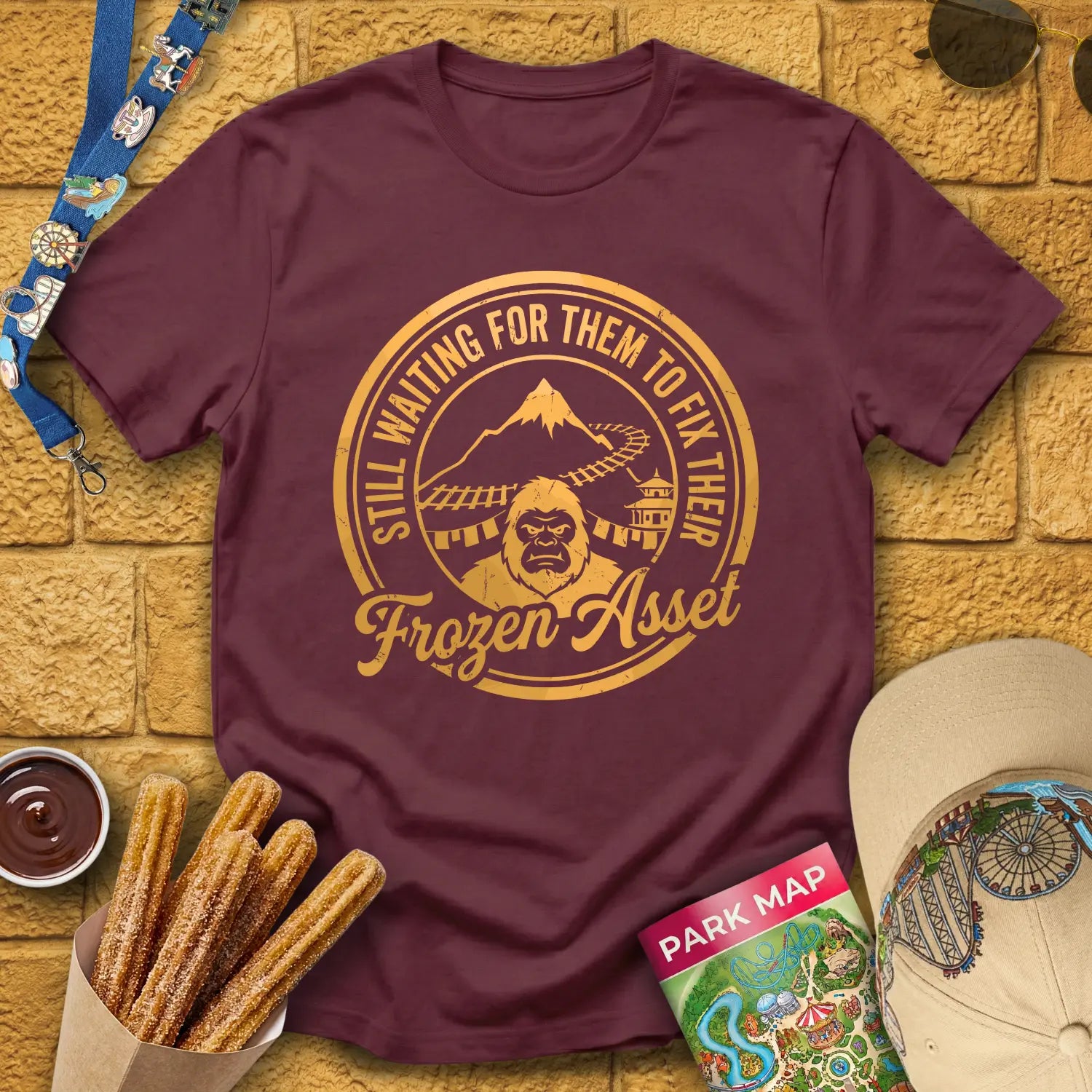 Yeti Frozen Asset [Badge] T-Shirt for Theme Park Fans (Maroon)