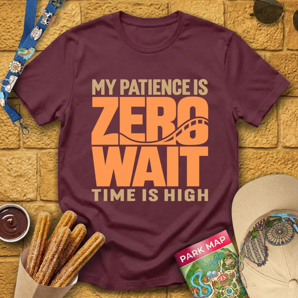 Zero Wait [Bold] T-Shirt for Theme Park Fans (Maroon)