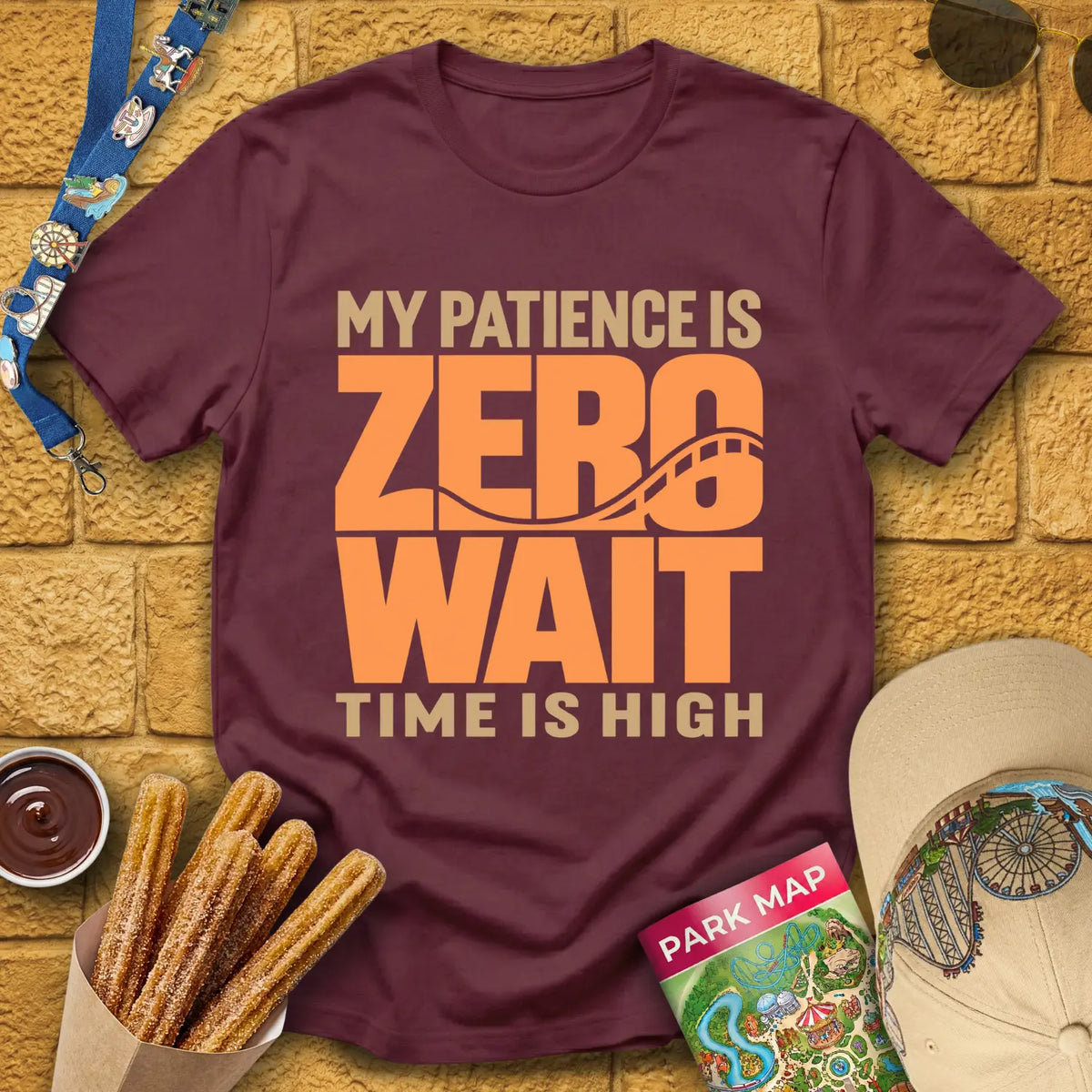 Zero Wait [Bold] T-Shirt for Theme Park Fans (Maroon)