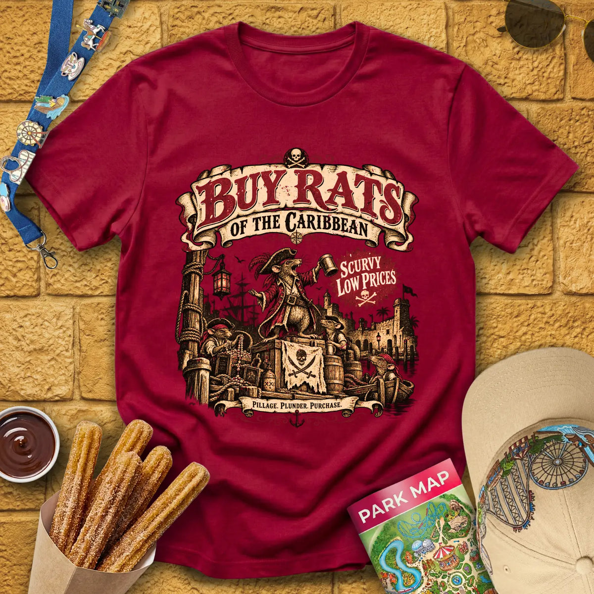 Buy Rats Caribbean [Poster] T-Shirt for Theme Park Fans (Cardinal Red)