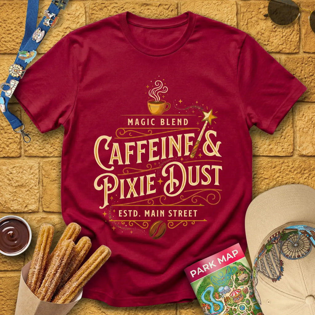 Caffeine & Pixie Dust [VictorianOval] T-Shirt for Theme Park Fans (Cardinal Red)