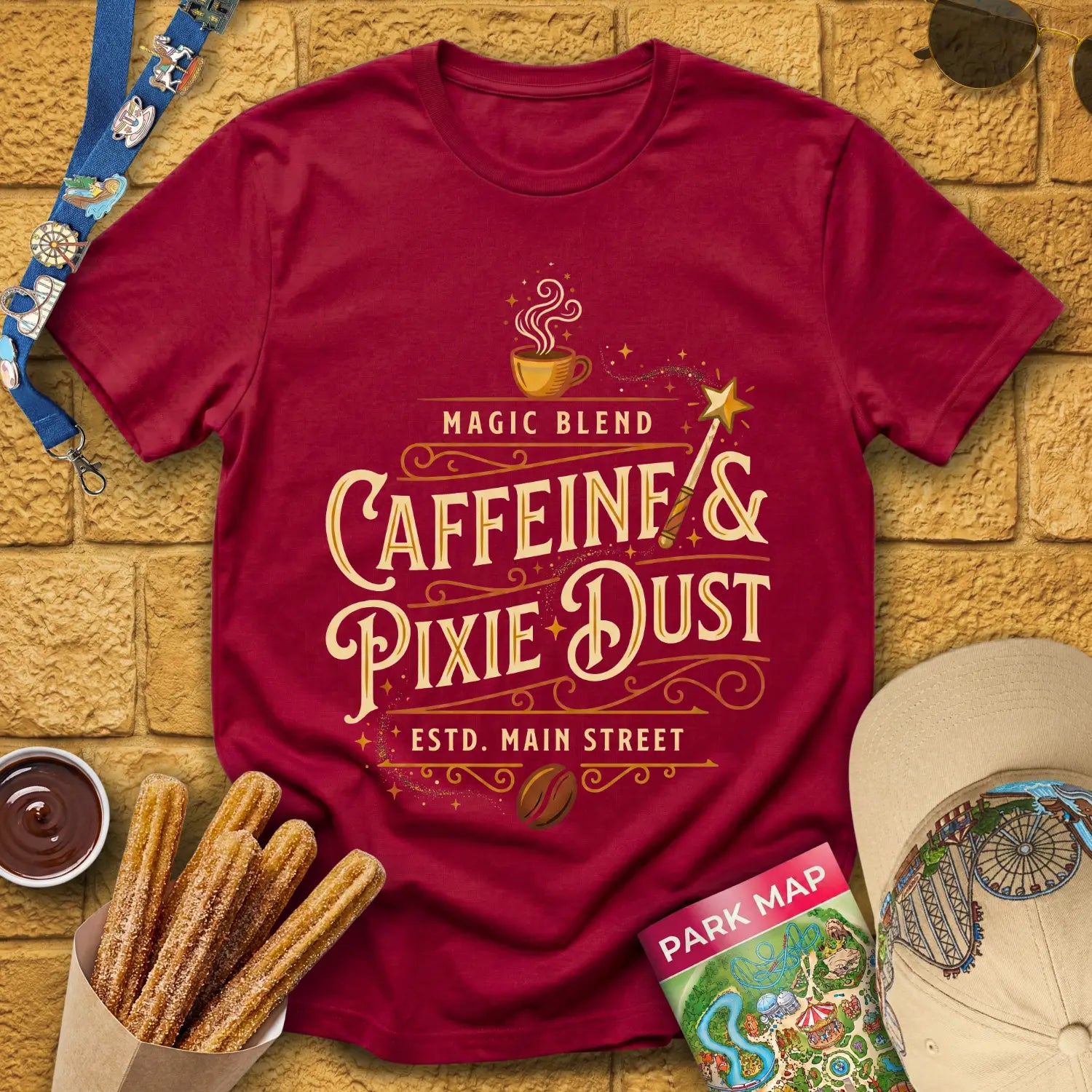 Caffeine & Pixie Dust [VictorianOval] T-Shirt for Theme Park Fans (Cardinal Red)