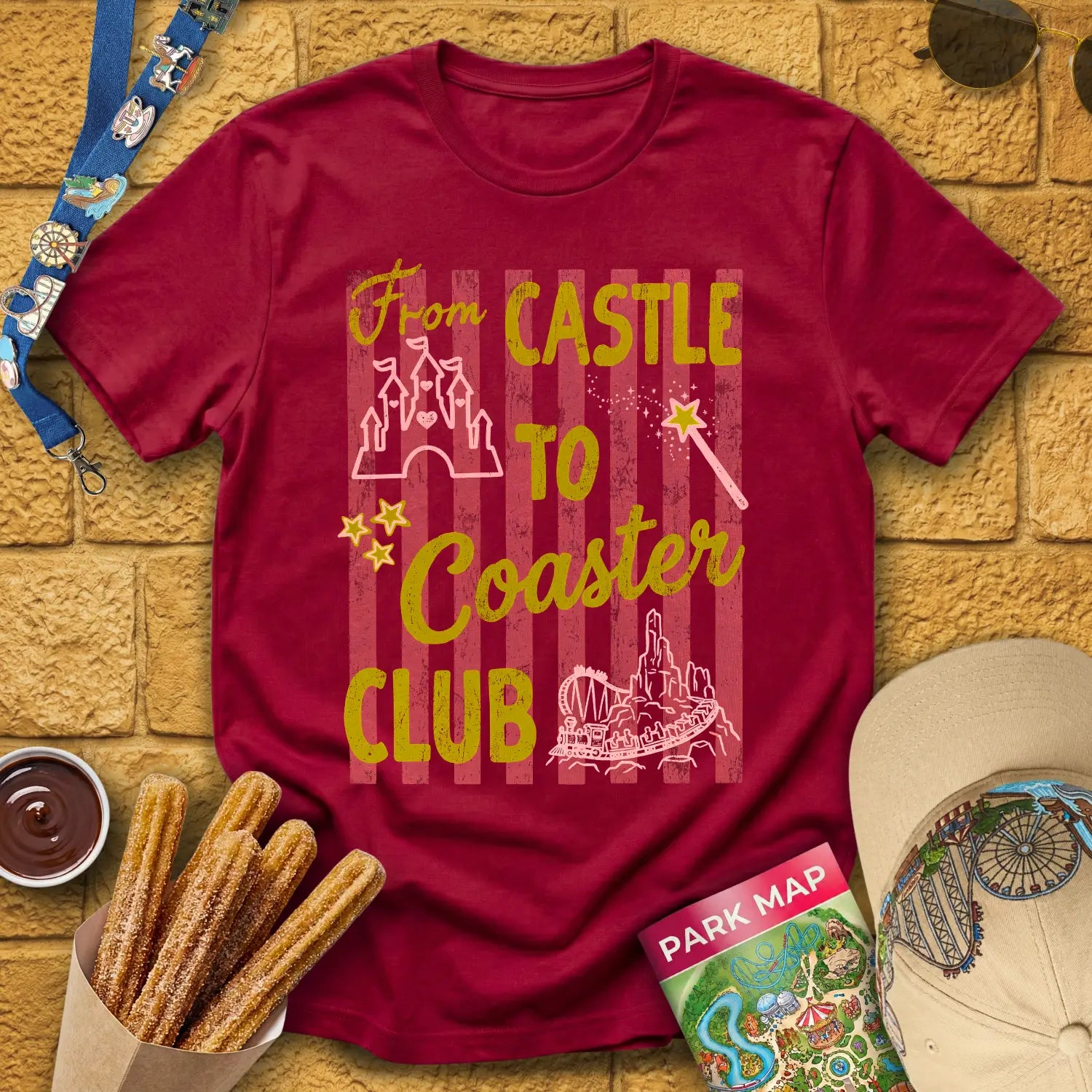 Castle Coaster Club [Distressed] T-Shirt for Theme Park Fans (Cardinal Red)