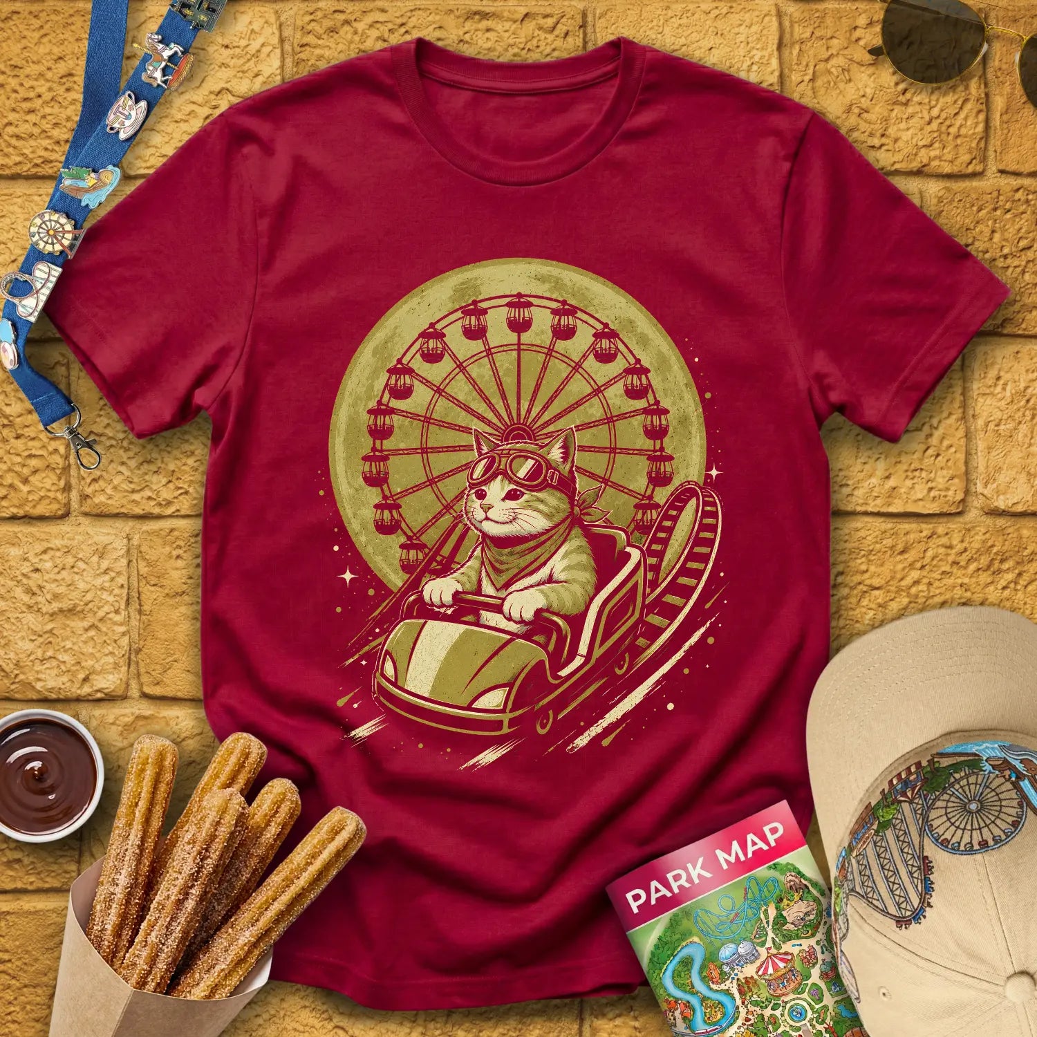 Cat Coaster [JapRetro] T-Shirt for Theme Park Fans (Cardinal Red)