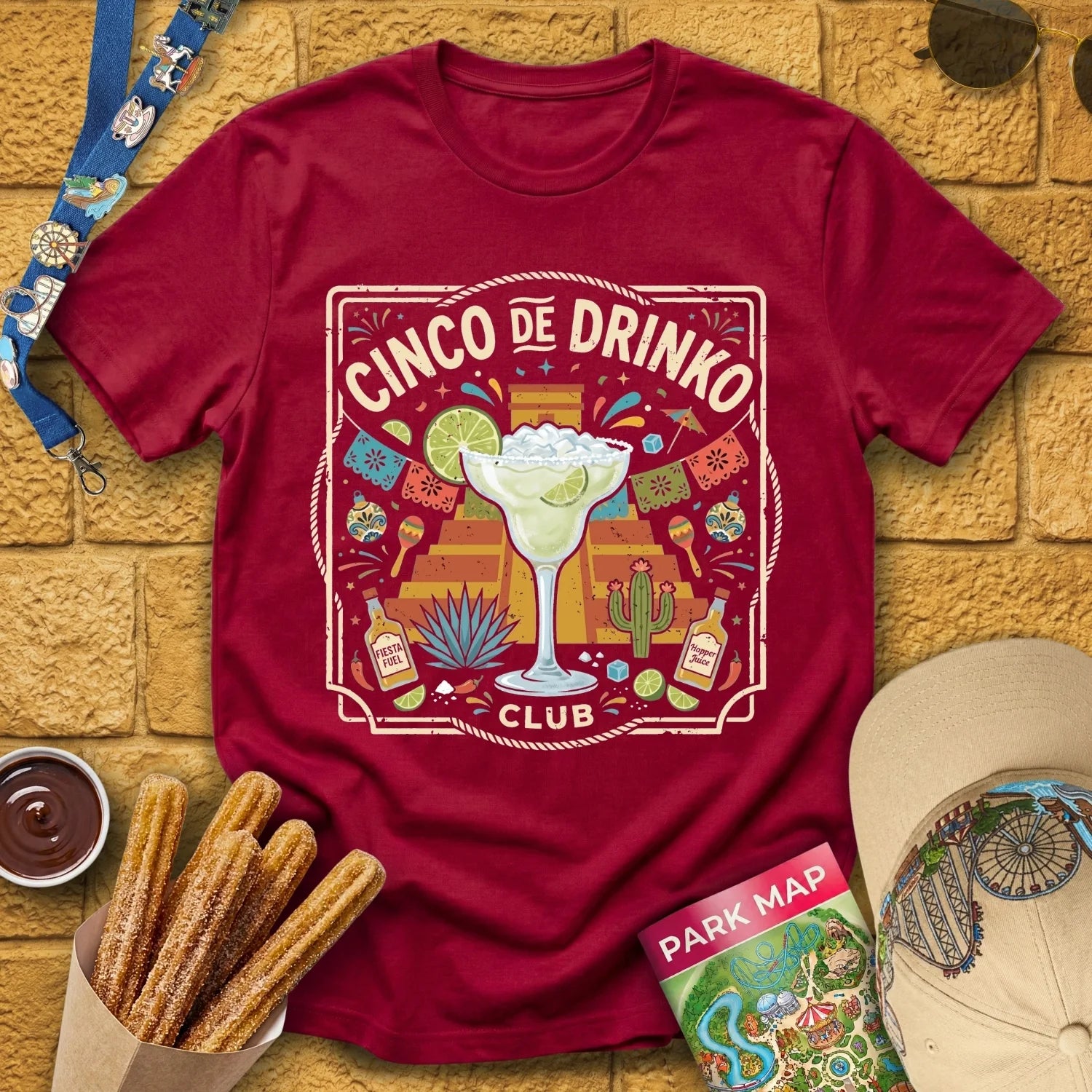 Cinco De Drinko [Square] T-Shirt for Theme Park Fans (Cardinal Red)