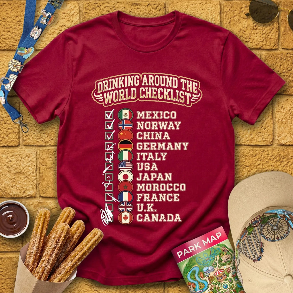 Drinking Checklist [College] T-Shirt for Theme Park Fans (Cardinal Red)