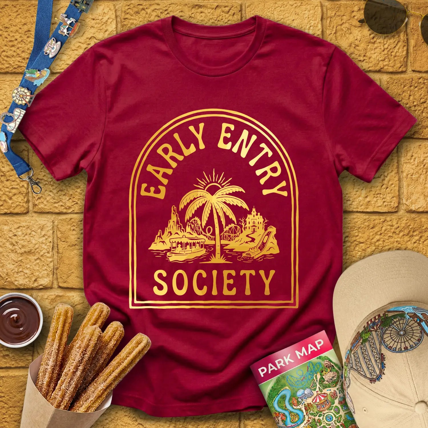 Early Entry Society [Tropic] T-Shirt for Theme Park Fans (Cardinal Red)