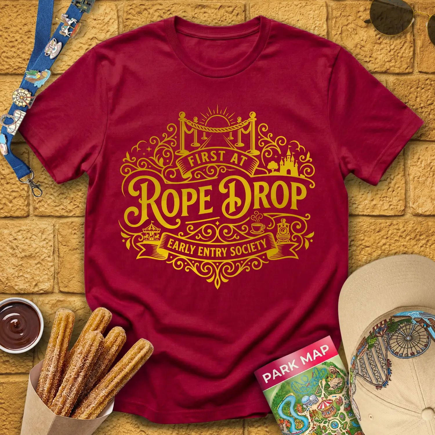 First At Rope Drop [VictorianBadge] T-Shirt for Theme Park Fans (Cardinal Red)