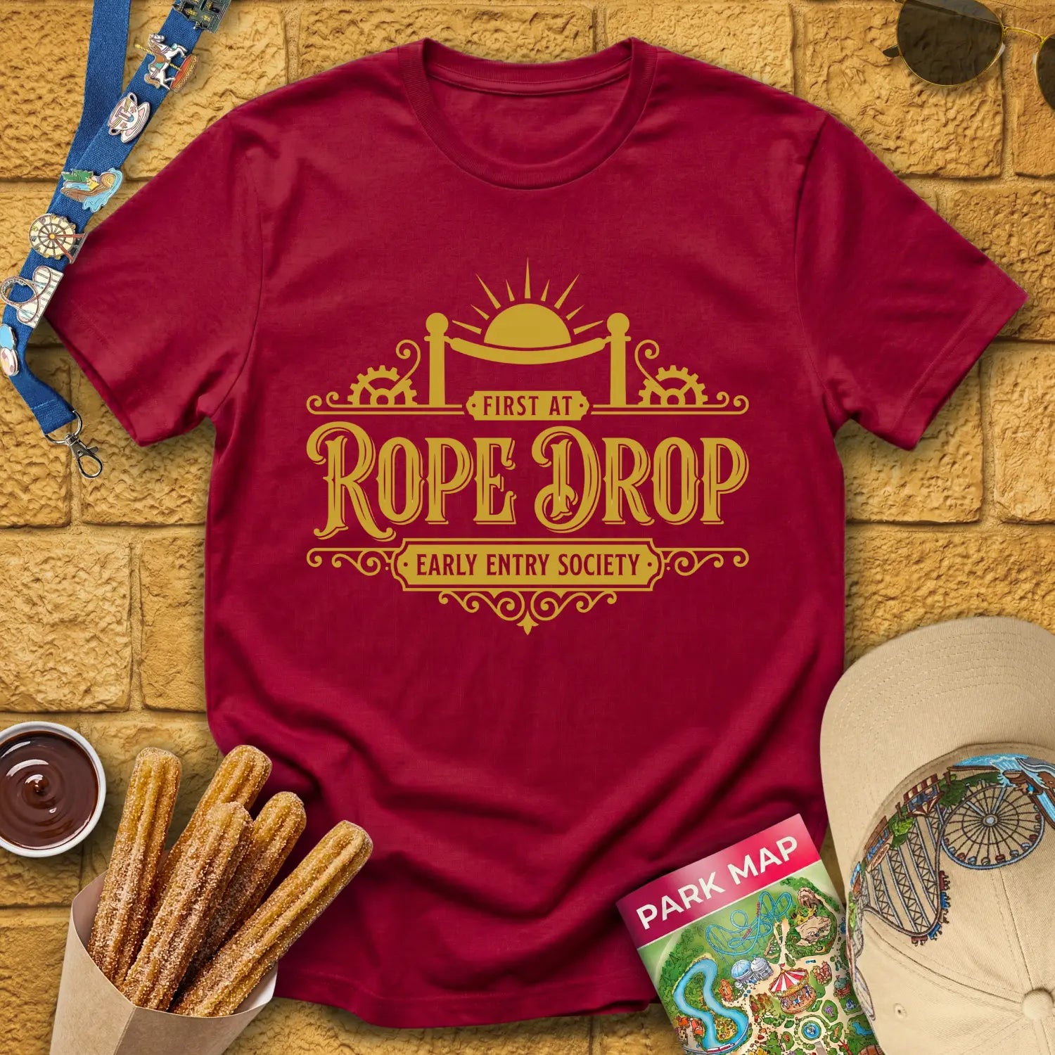 First At Rope Drop [VictorianSleek] T-Shirt for Theme Park Fans (Cardinal Red)