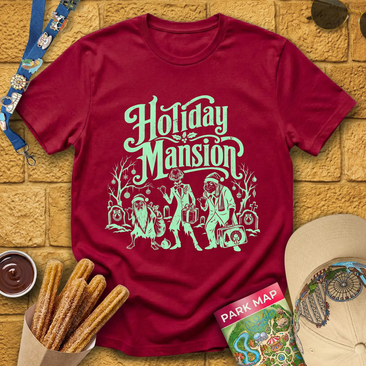 Holiday Mansion Ghosts [Retro] T-Shirt for Theme Park Fans (Cardinal Red)