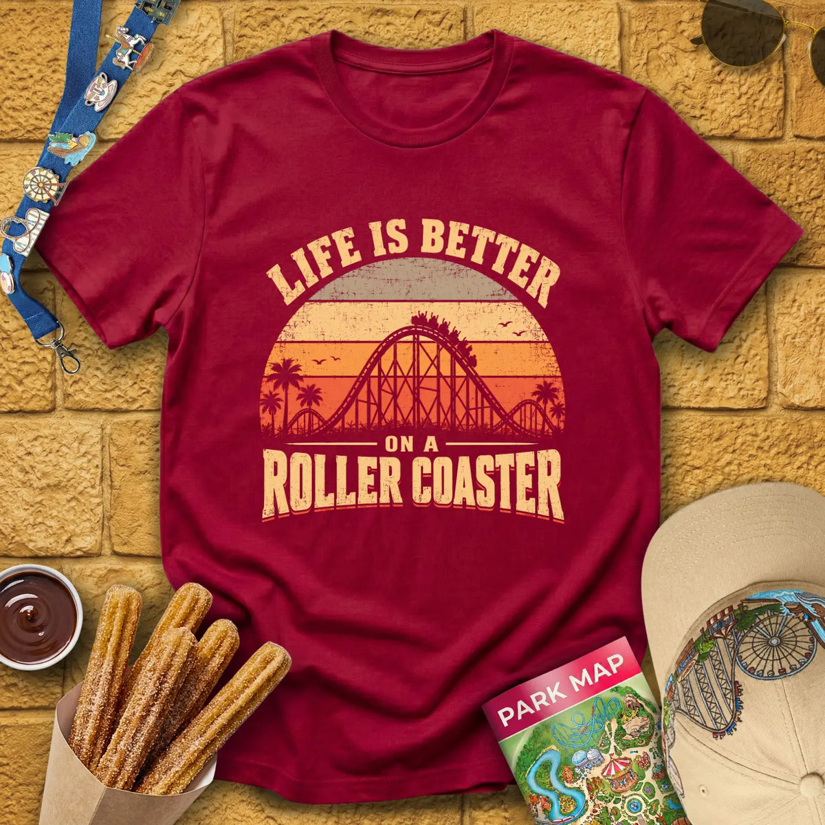 Life's Better On Coaster [Sunset] T-Shirt for Theme Park Fans (Cardinal Red)