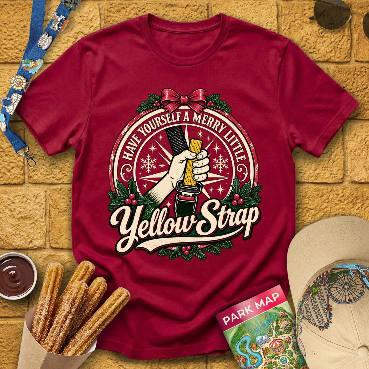 Merry Yellow Strap [Badge] T-Shirt for Theme Park Fans (Cardinal Red)