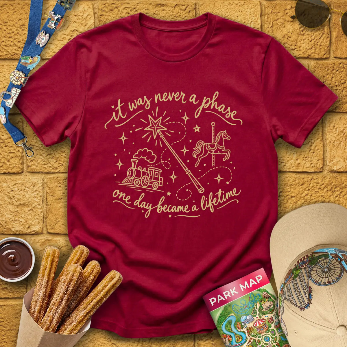 Never A Phase [Doodle] T-Shirt for Theme Park Fans (Cardinal Red)