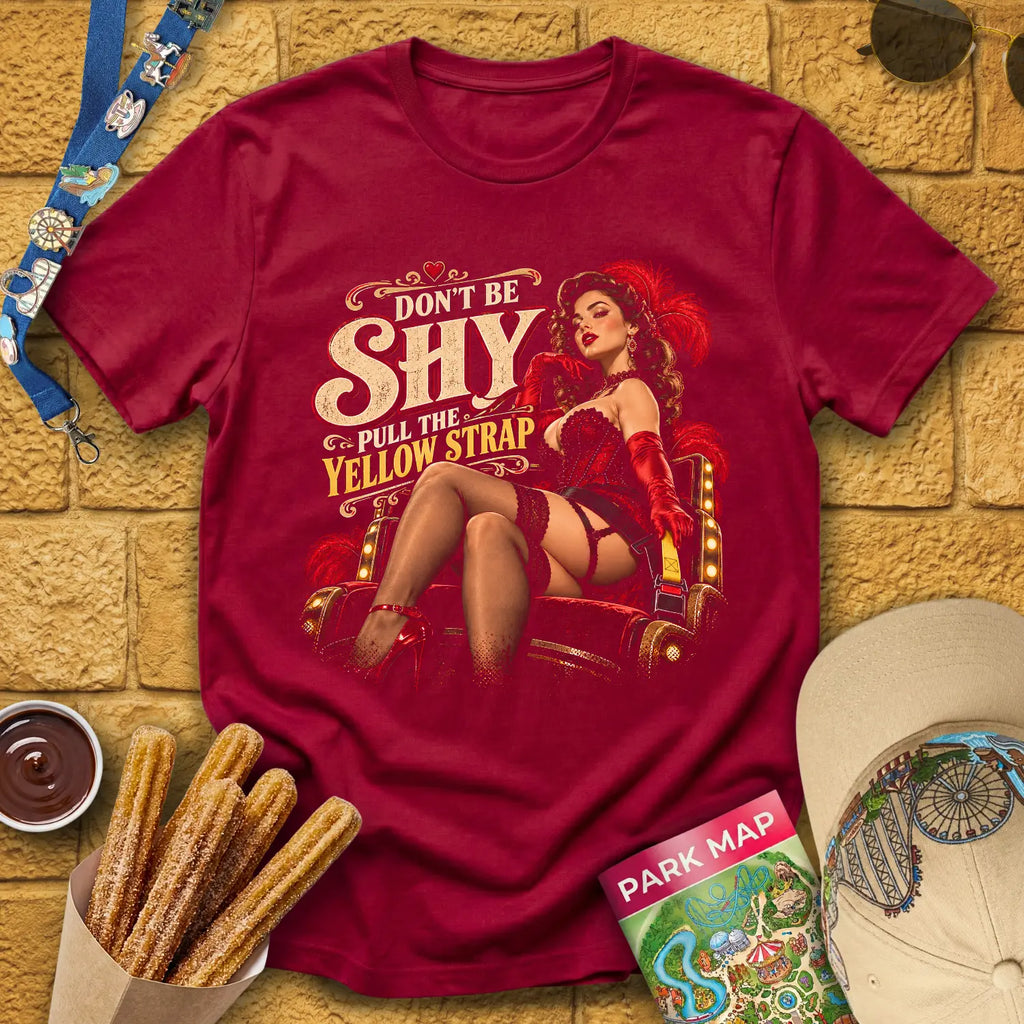 Shy Yellow Strap [Cinematic] T-Shirt for Theme Park Fans (Cardinal Red)