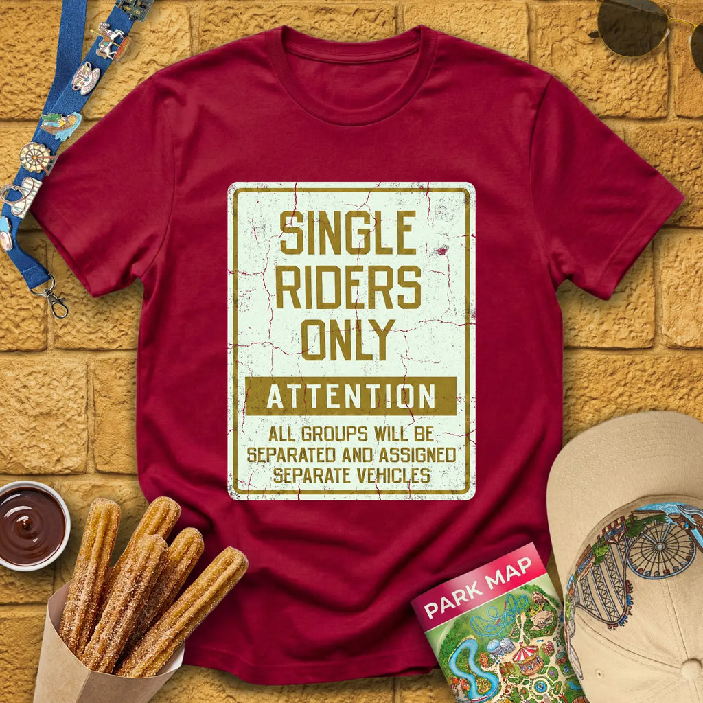 Single Riders Only [Vintage] T-Shirt for Theme Park Fans (Cardinal Red)