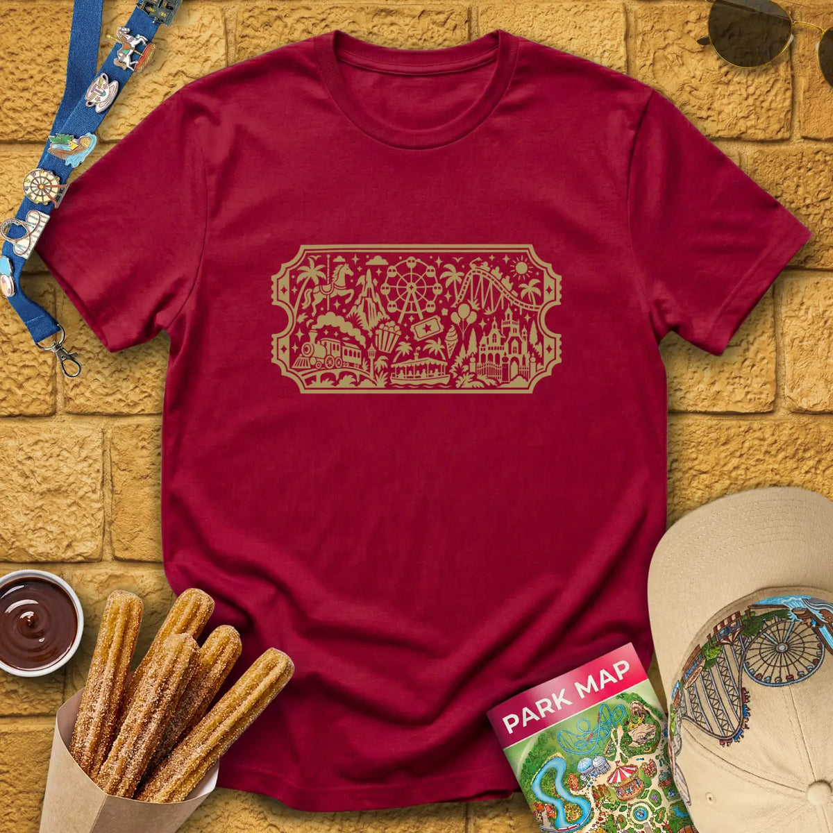 Theme Park Ticket [Doodle] T-Shirt for Theme Park Fans (Cardinal Red)