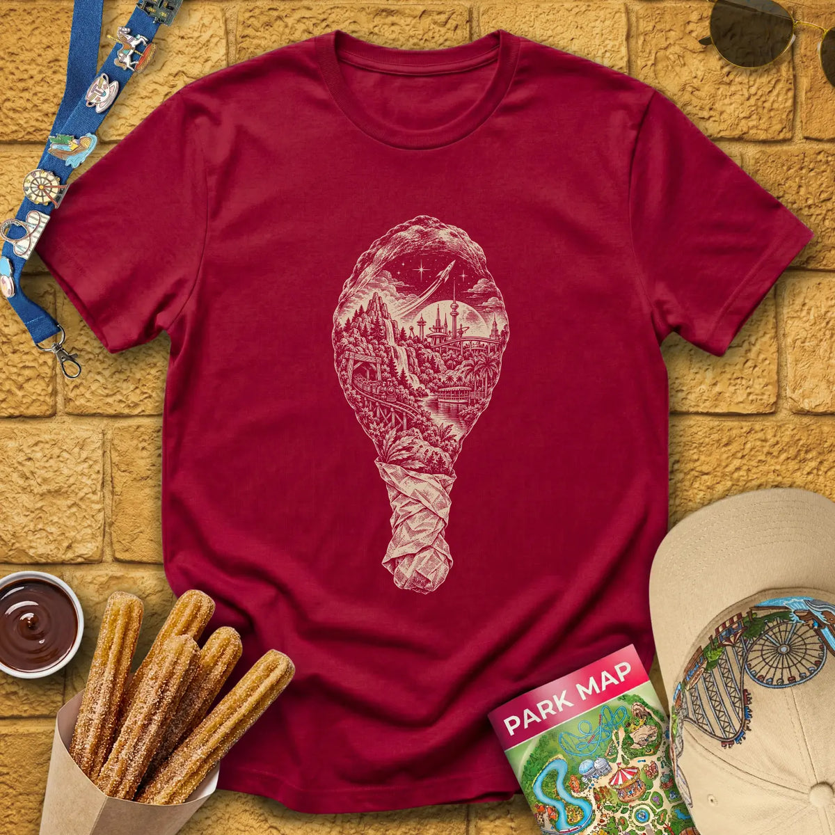 Turkey Leg Park [Monochrome] T-Shirt for Theme Park Fans (Cardinal Red)
