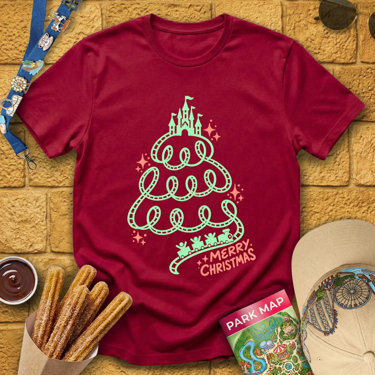 Xmas Train Tree [Monoline] T-Shirt for Theme Park Fans (Cardinal Red)