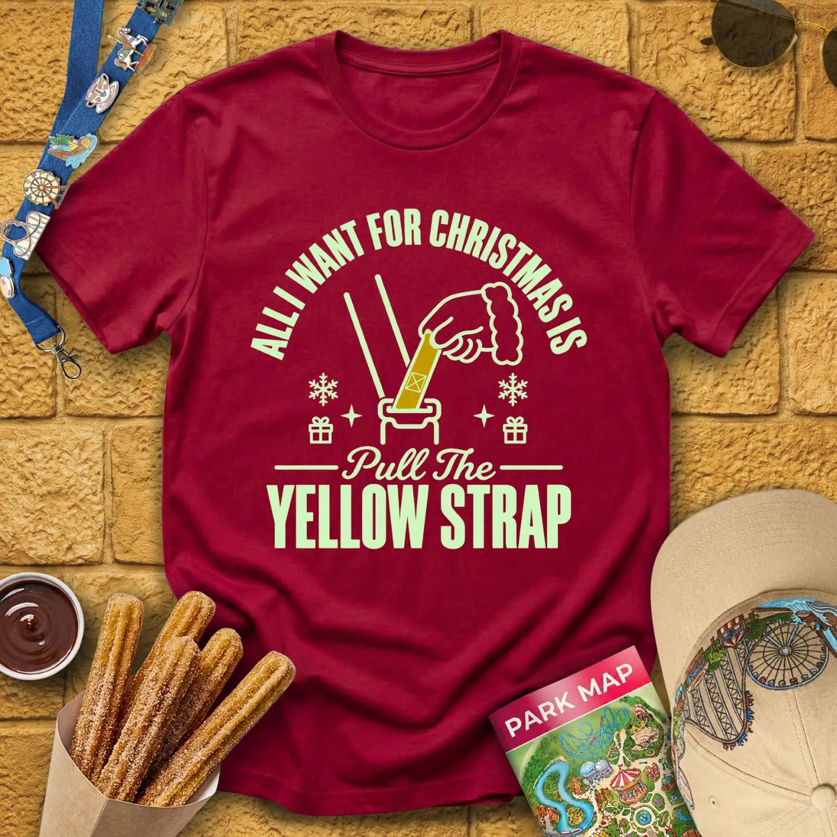 Yellow Strap Christmas [Emblem] T-Shirt for Theme Park Fans (Cardinal Red)