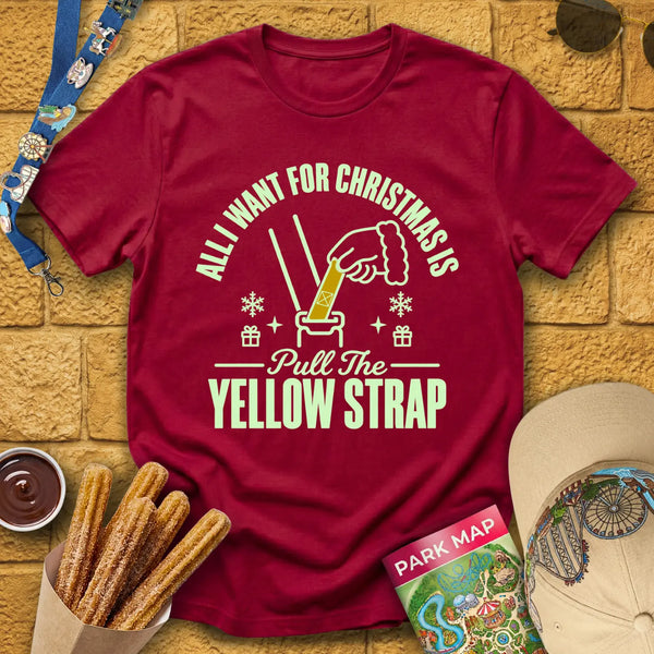 Yellow Strap Christmas [Emblem] T-Shirt for Theme Park Fans (Cardinal Red)
