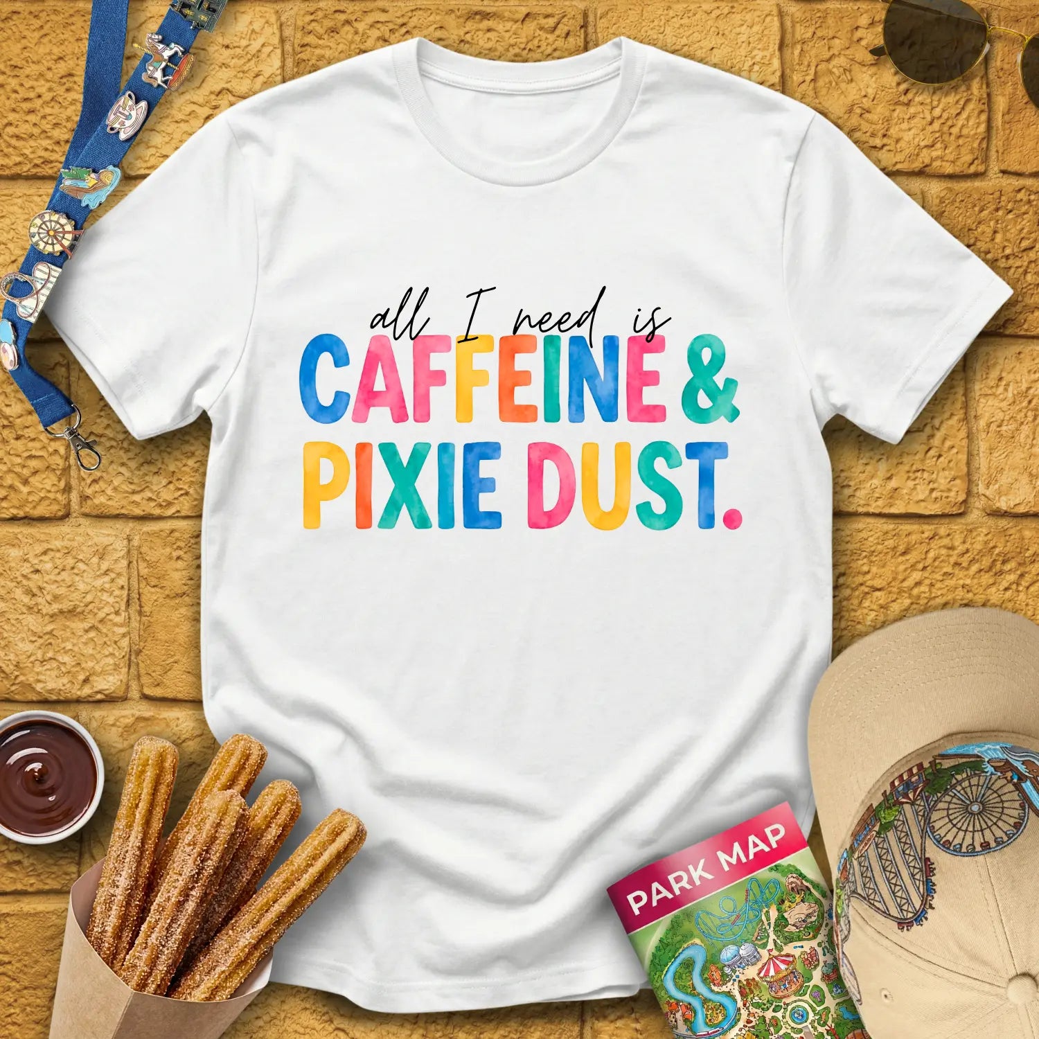 Caffeine & Pixie Dust [Colored] T-Shirt for Theme Park Fans (White)