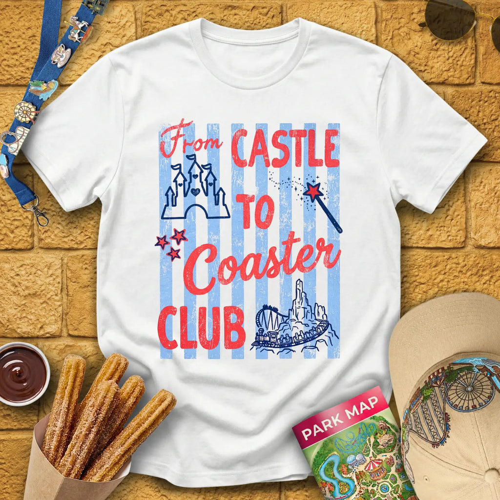 Castle Coaster Club [Distressed] T-Shirt for Theme Park Fans (White)