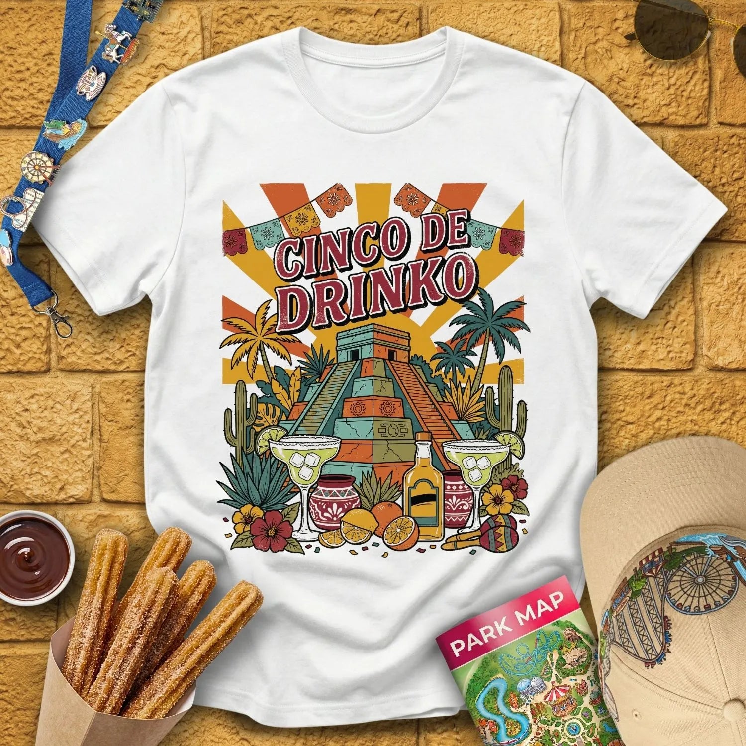 Cinco De Drinko [RetroPoster] T-Shirt for Theme Park Fans (White)
