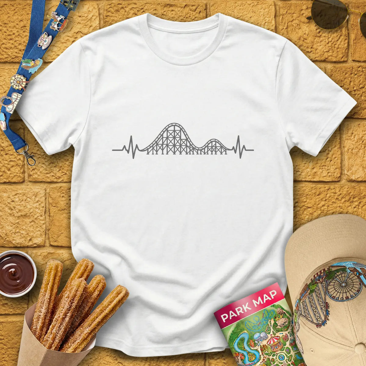 Coaster Heartbeat [Illu] T-Shirt for Theme Park Fans (White)