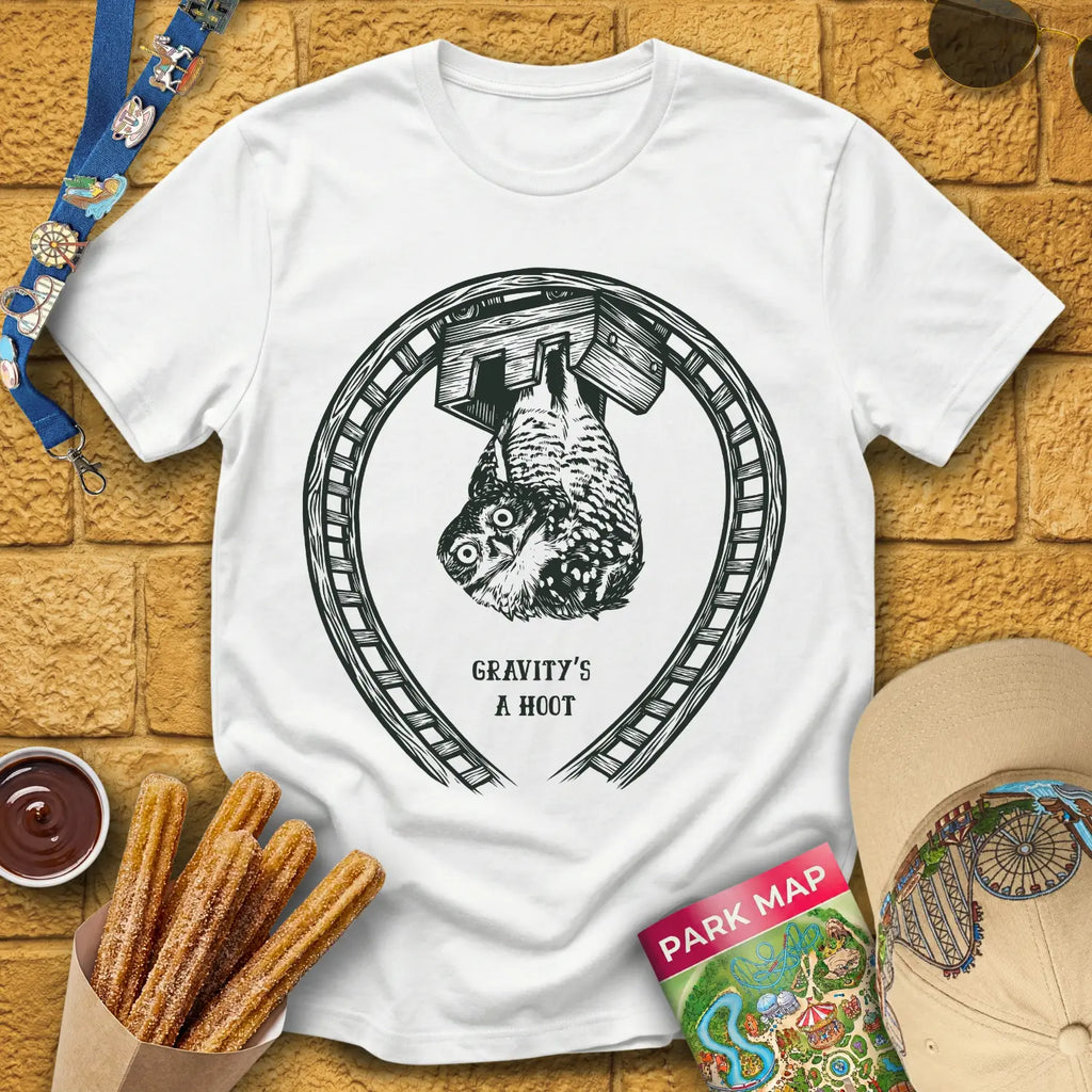 Coaster Owl [LinoCut] T-Shirt for Theme Park Fans (White)