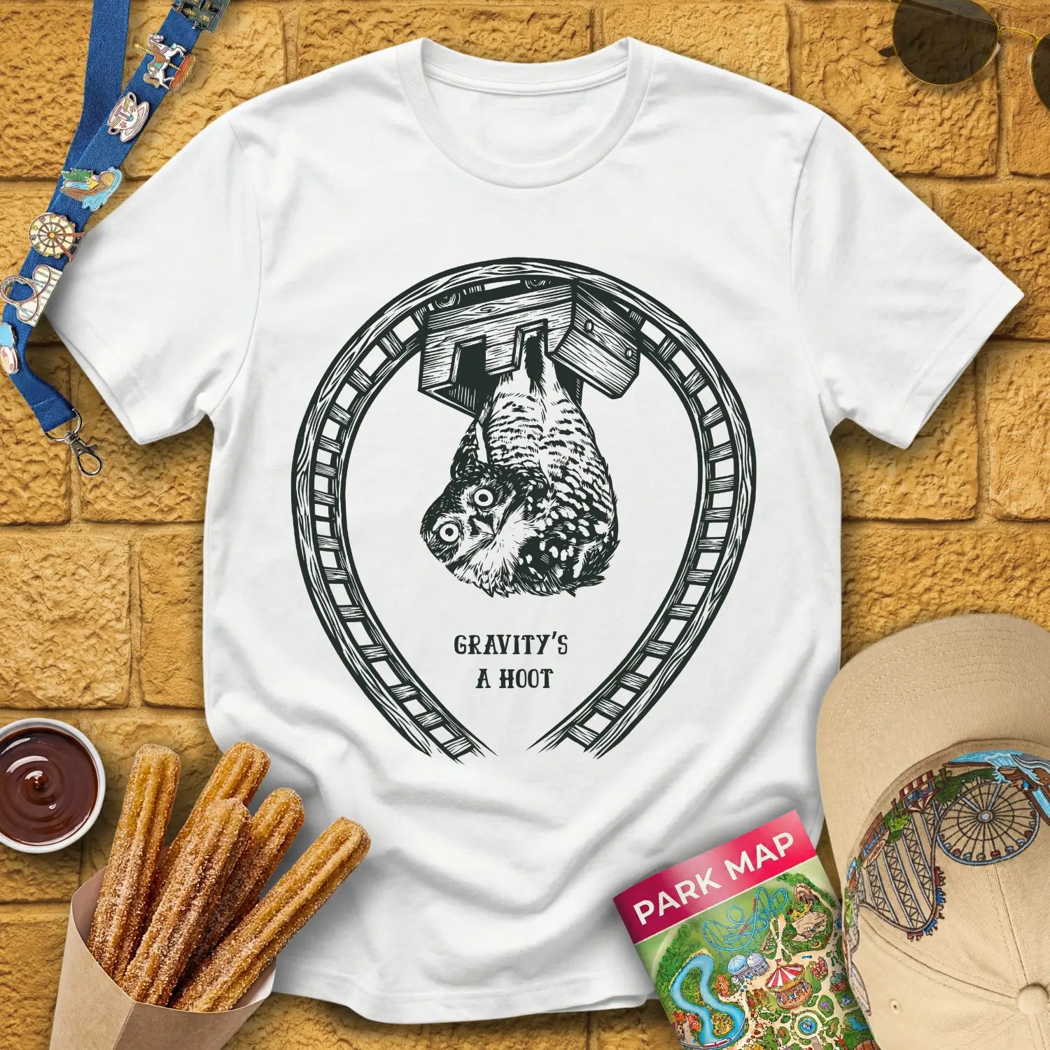 Coaster Owl [LinoCut] T-Shirt for Theme Park Fans (White)
