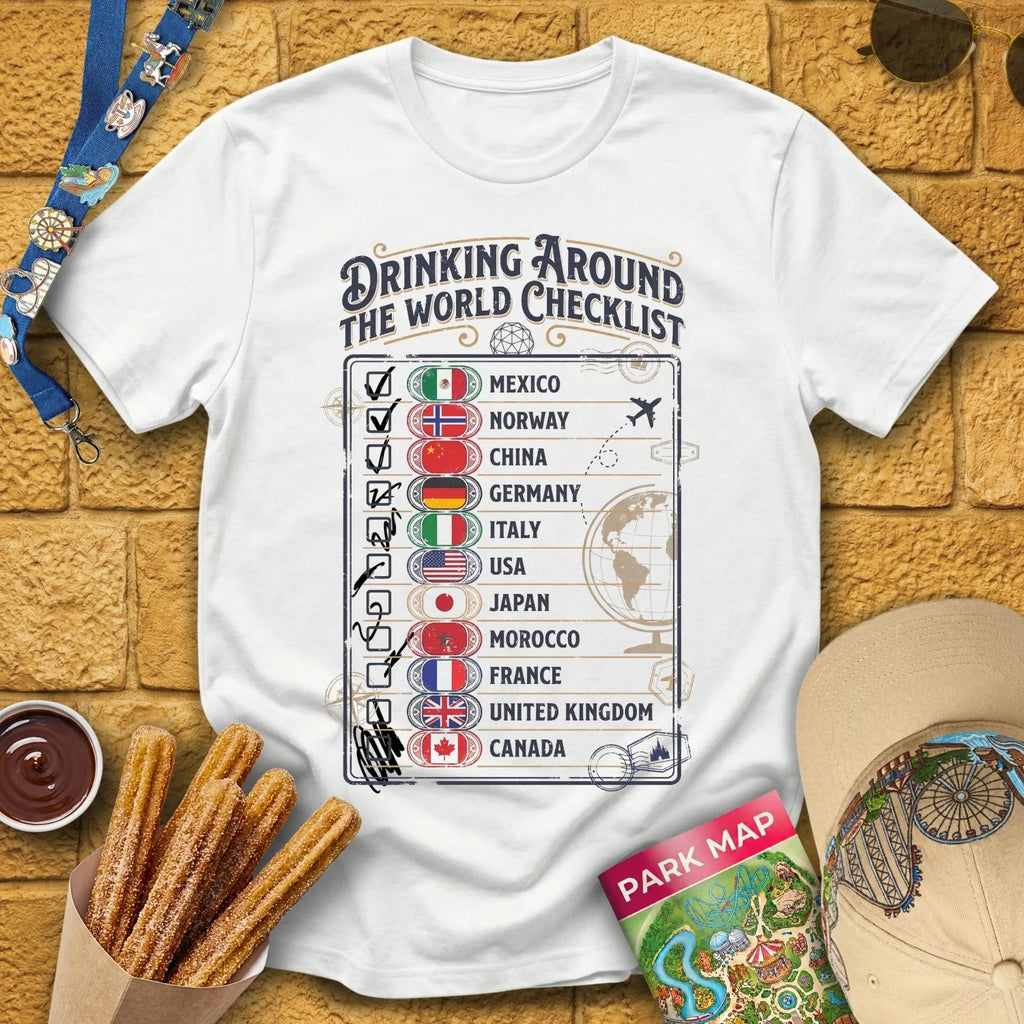 Drinking Checklist [Voyage] T-Shirt for Theme Park Fans (White)