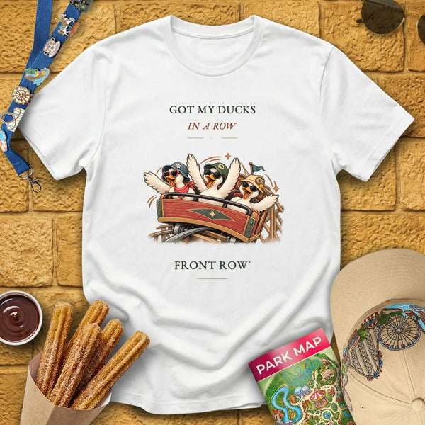 Front Row Ducks [RetroWhim] T-Shirt for Theme Park Fans (White)