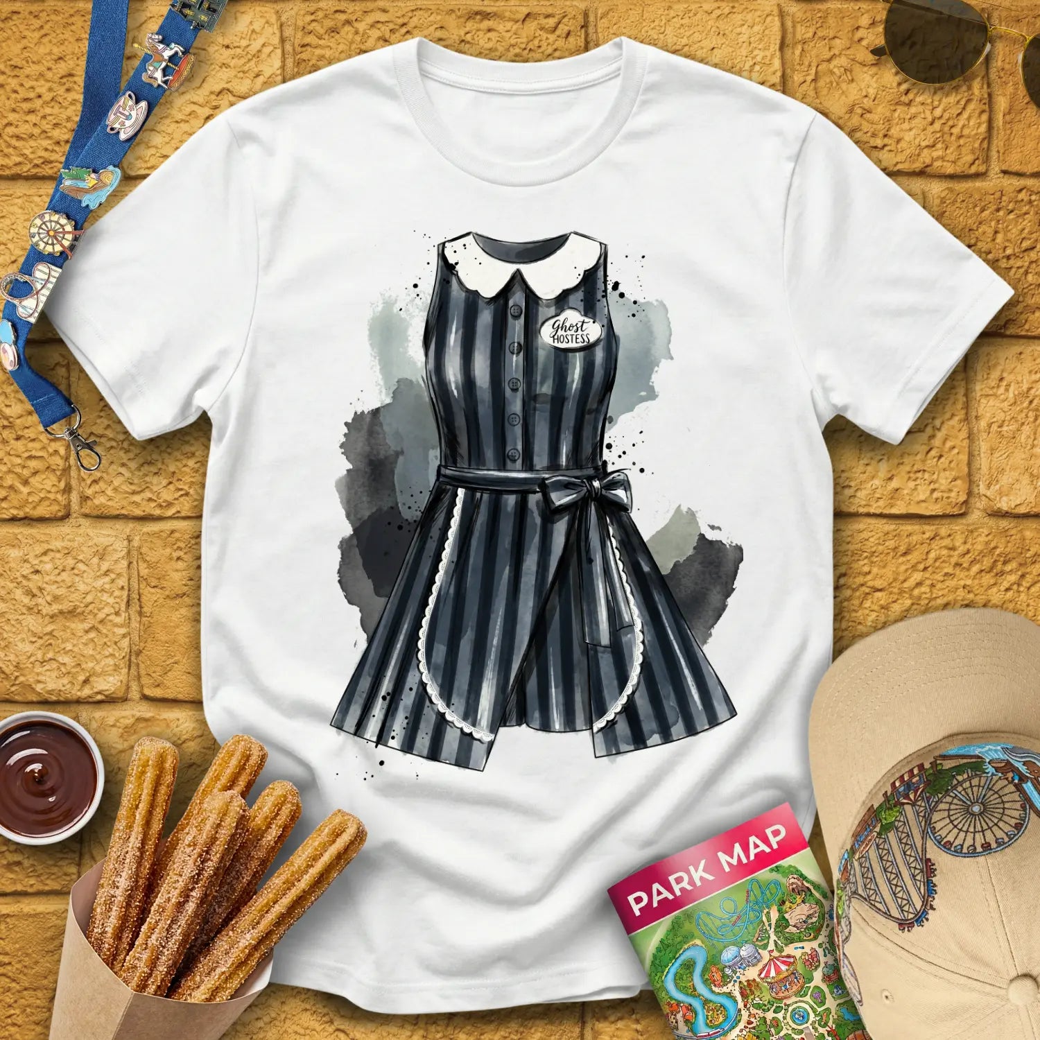 Ghost Hostess Dress [Artsy] T-Shirt for Theme Park Fans (White)