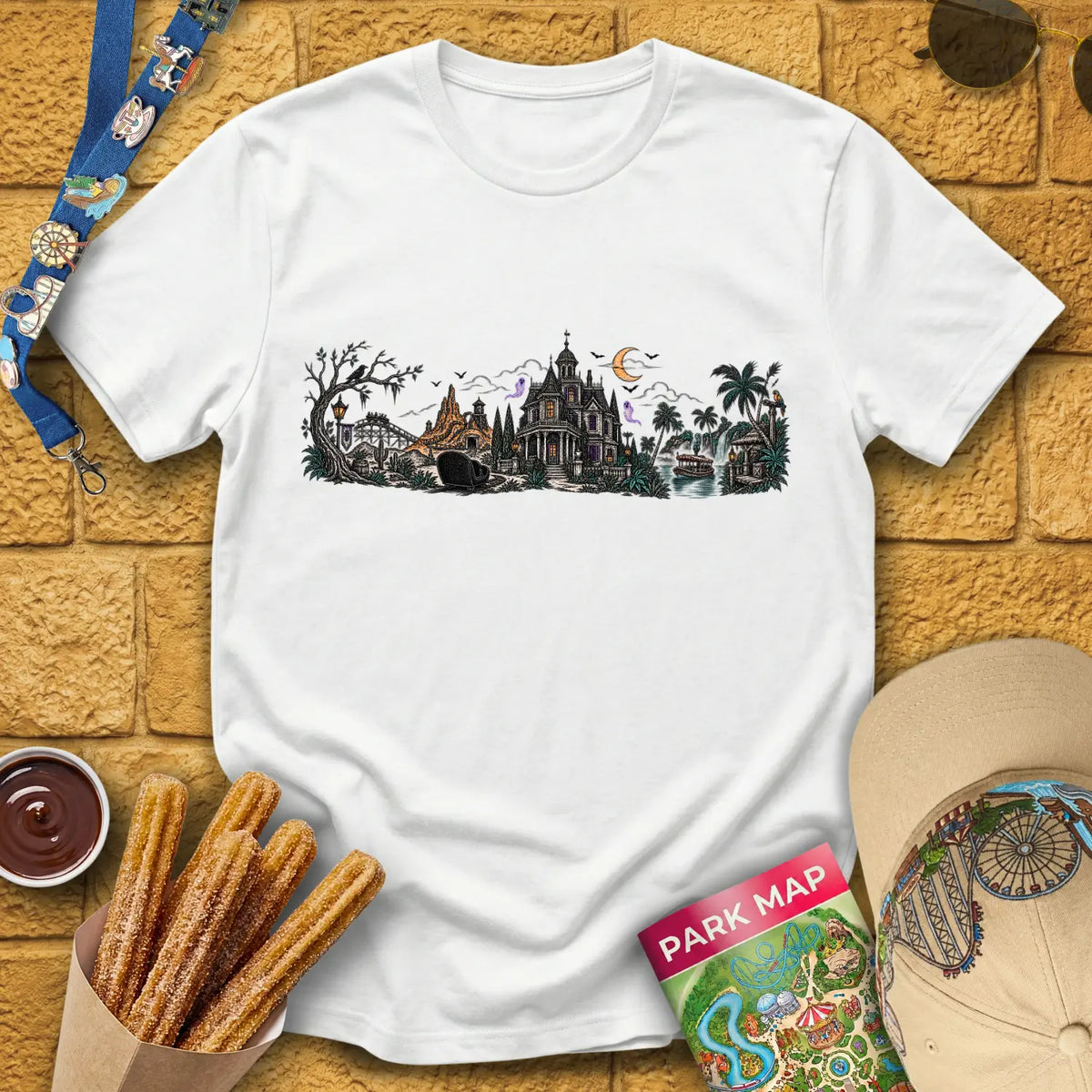 Halloween Panorama [Engraved] T-Shirt for Theme Park Fans (White)