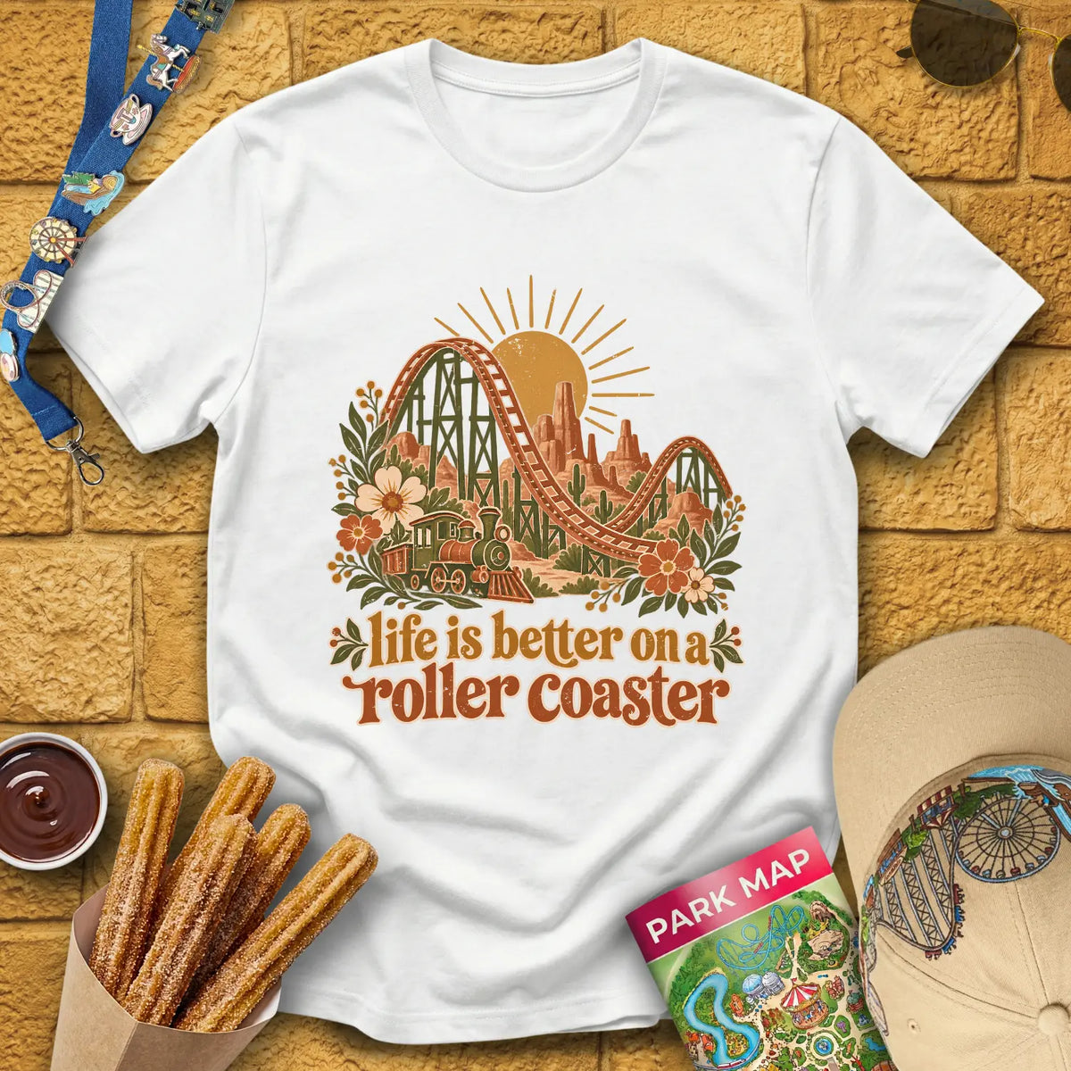 Life's Better On Coaster [Boho] T-Shirt for Theme Park Fans (White)
