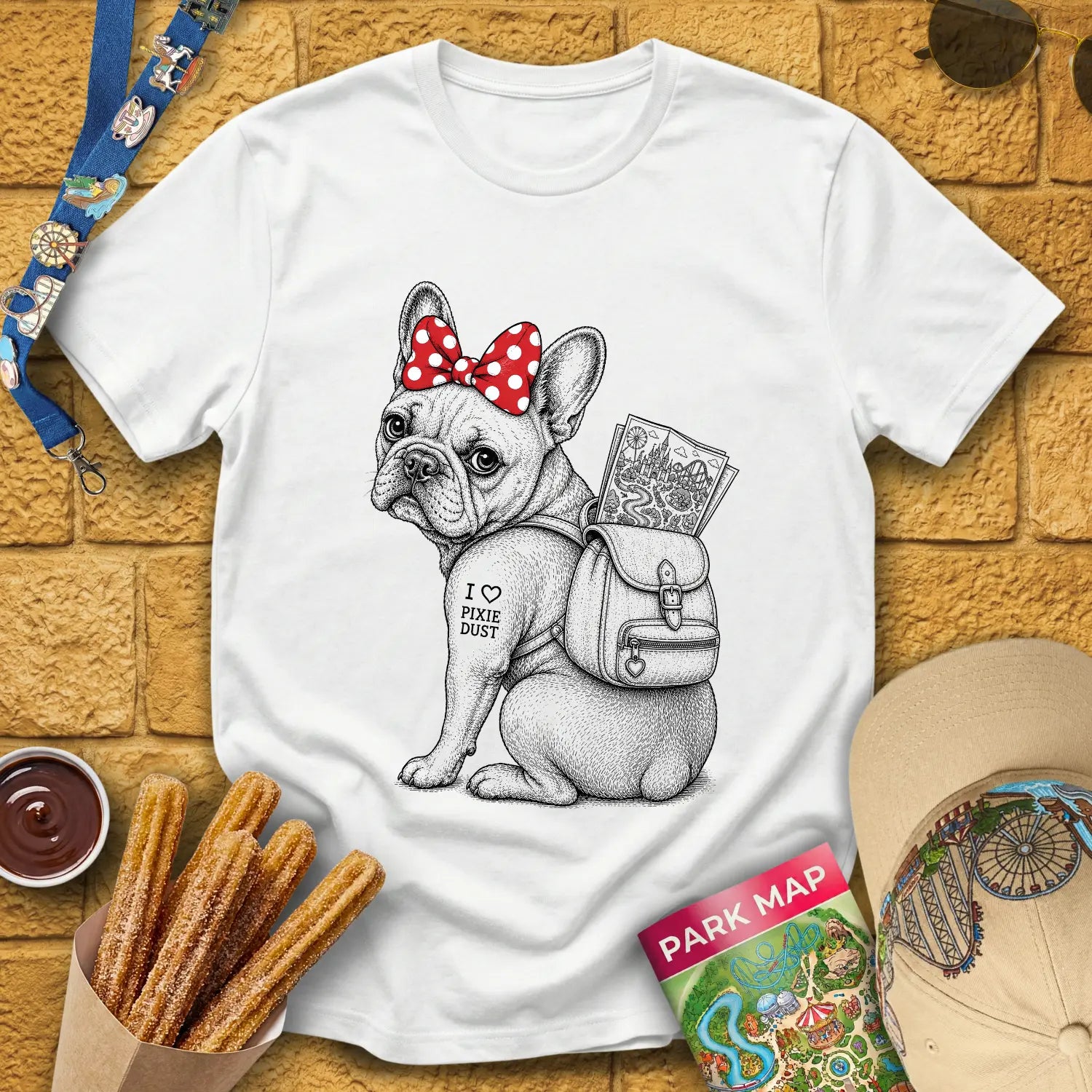 Pixie Dust Frenchie [Woodcut] T-Shirt for Theme Park Fans (White)