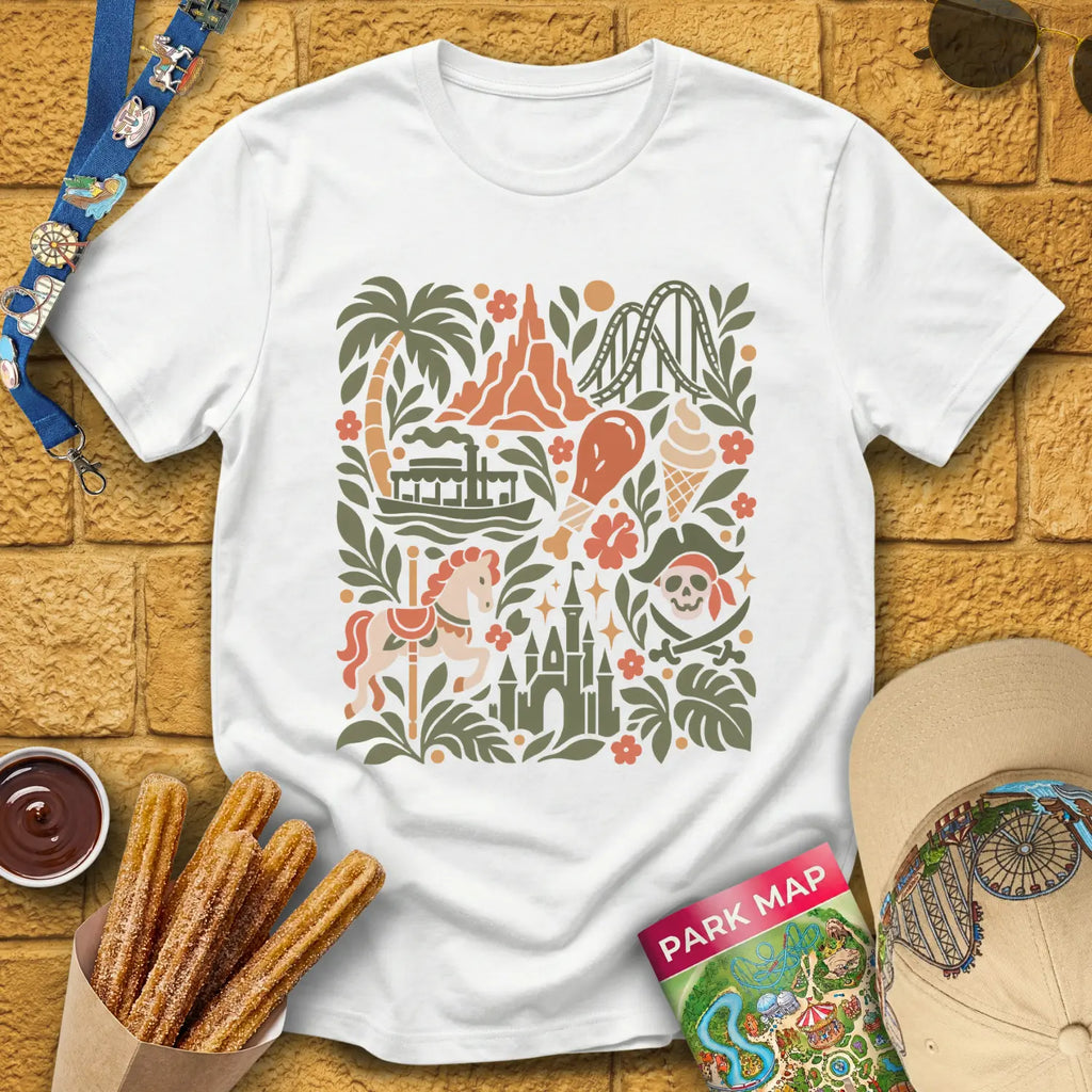 Theme Park Collage [FolkArt] T-Shirt for Theme Park Fans (White)