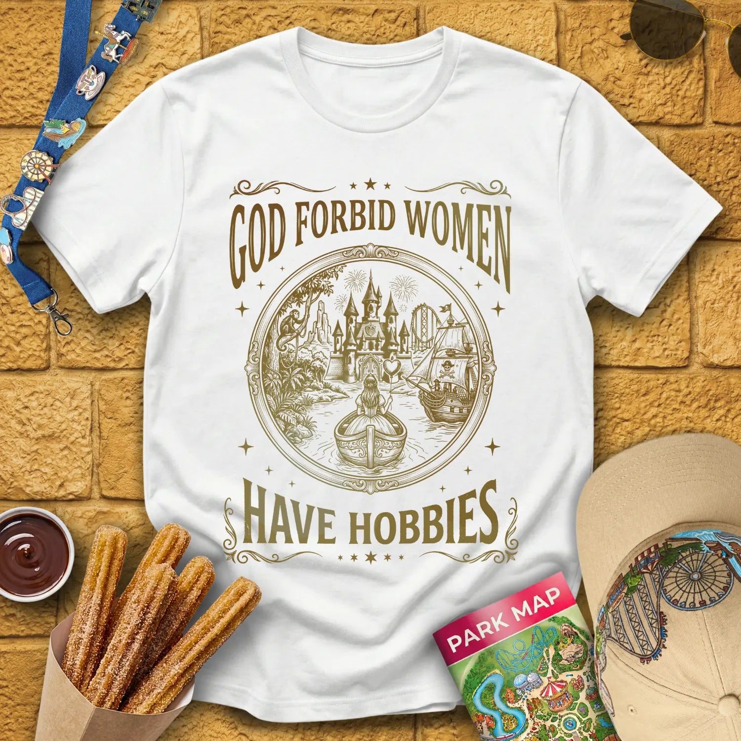 Women Hobbies [RetroArtsy] T-Shirt for Theme Park Fans (White)