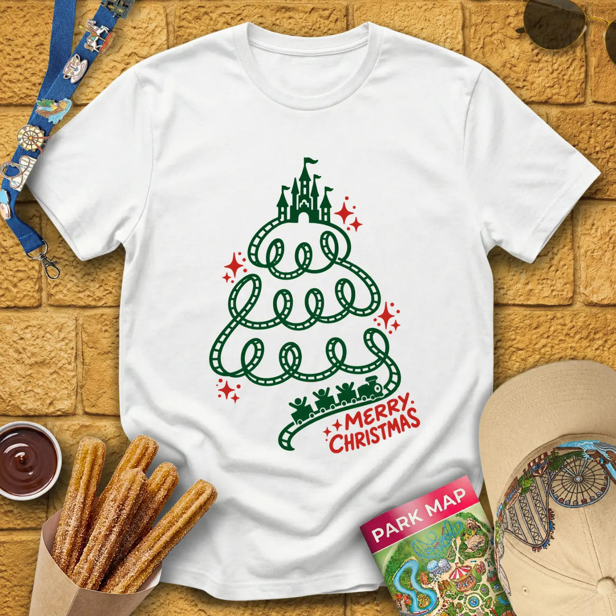 Xmas Train Tree [Monoline] T-Shirt for Theme Park Fans (White)