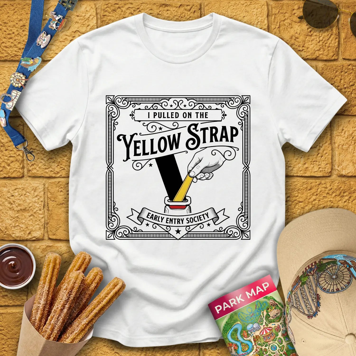 Yellow Strap [Victorian] T-Shirt for Theme Park Fans (White)