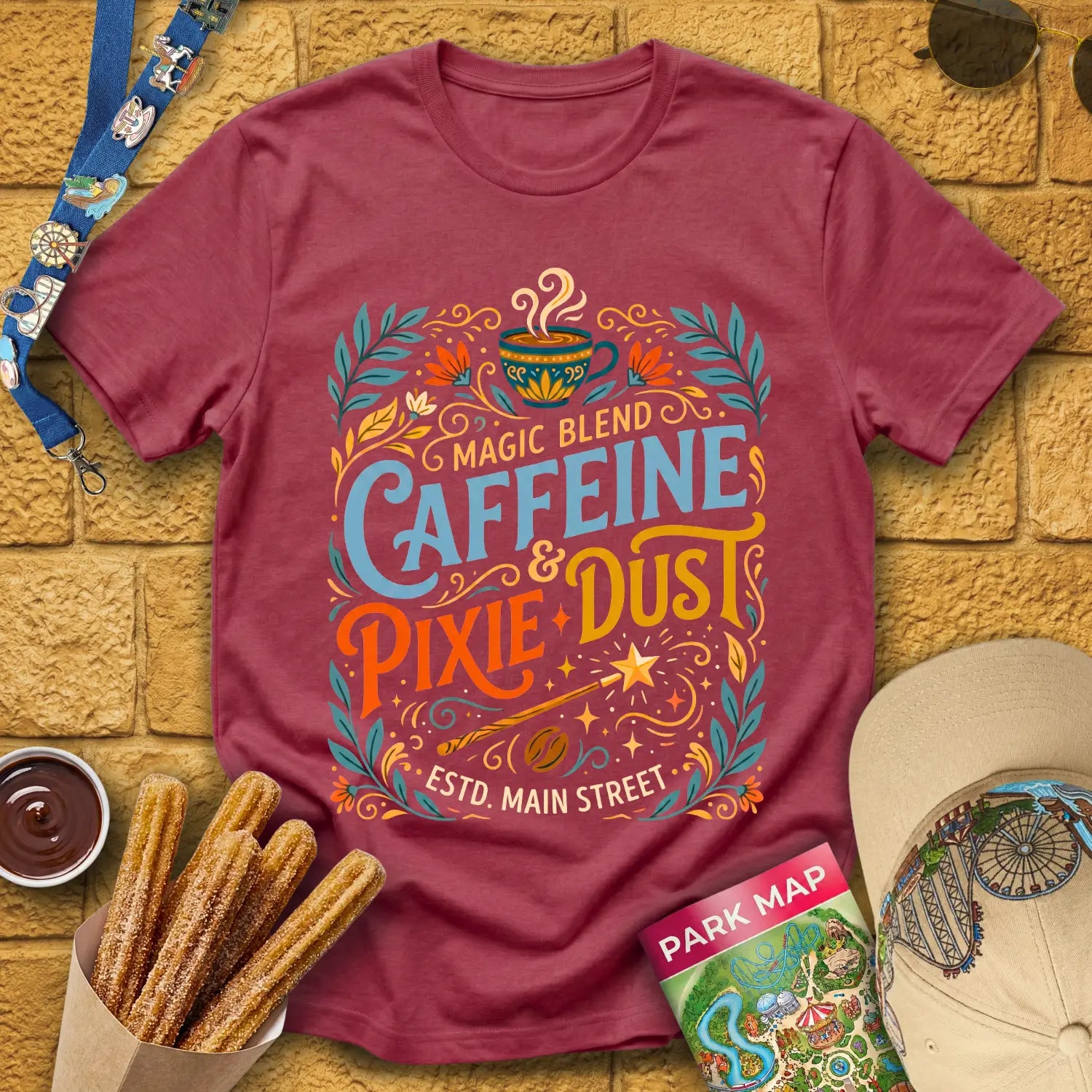 Caffeine & Pixie Dust [RetroBoho1] T-Shirt for Theme Park Fans (Heather Cardinal)