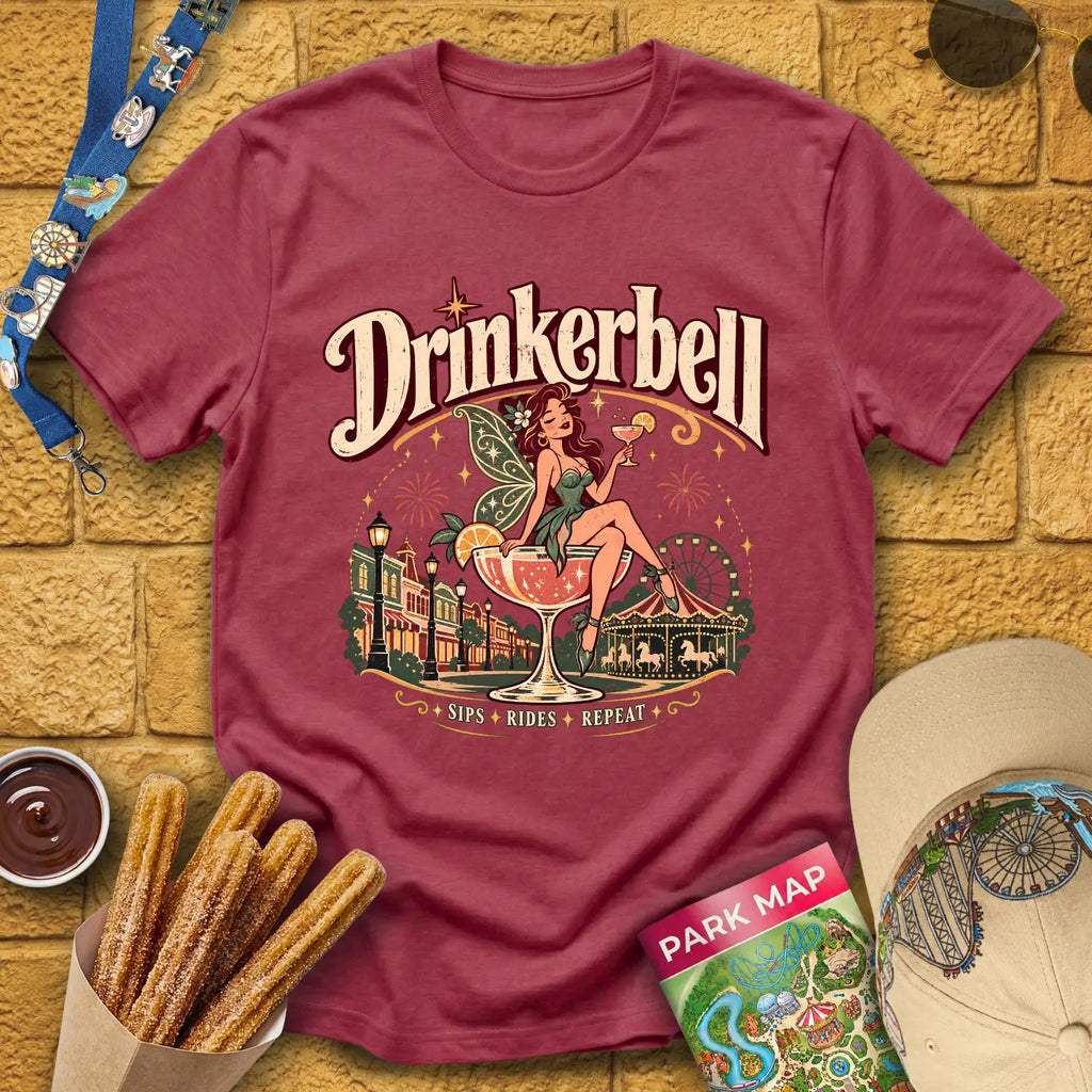 Drinkerbell [Vintage] T-Shirt for Theme Park Fans (Heather Cardinal)