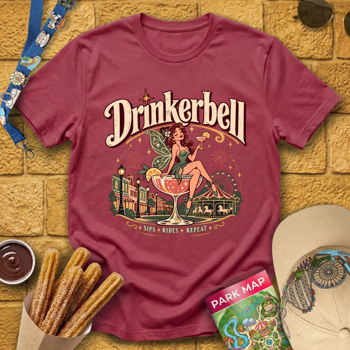 Drinkerbell [Vintage] T-Shirt for Theme Park Fans (Heather Cardinal)