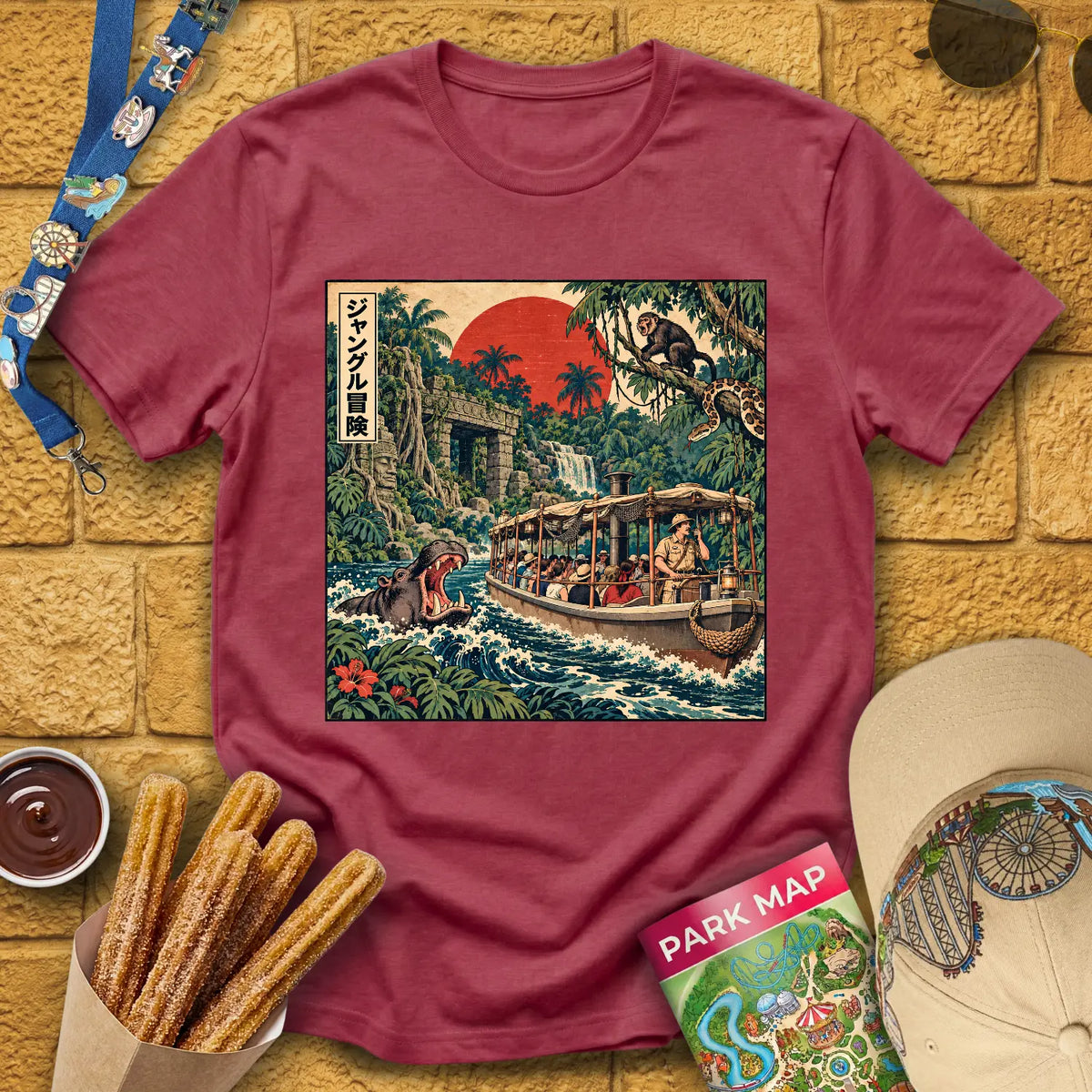 Jungle Adventure [Japanese] T-Shirt for Theme Park Fans (Heather Cardinal)