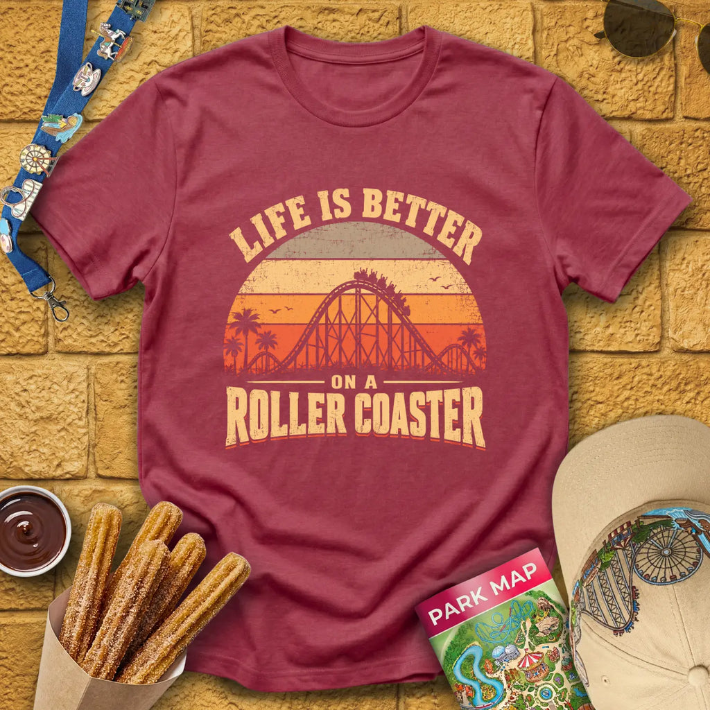 Life's Better On Coaster [Sunset] T-Shirt for Theme Park Fans (Heather Cardinal)