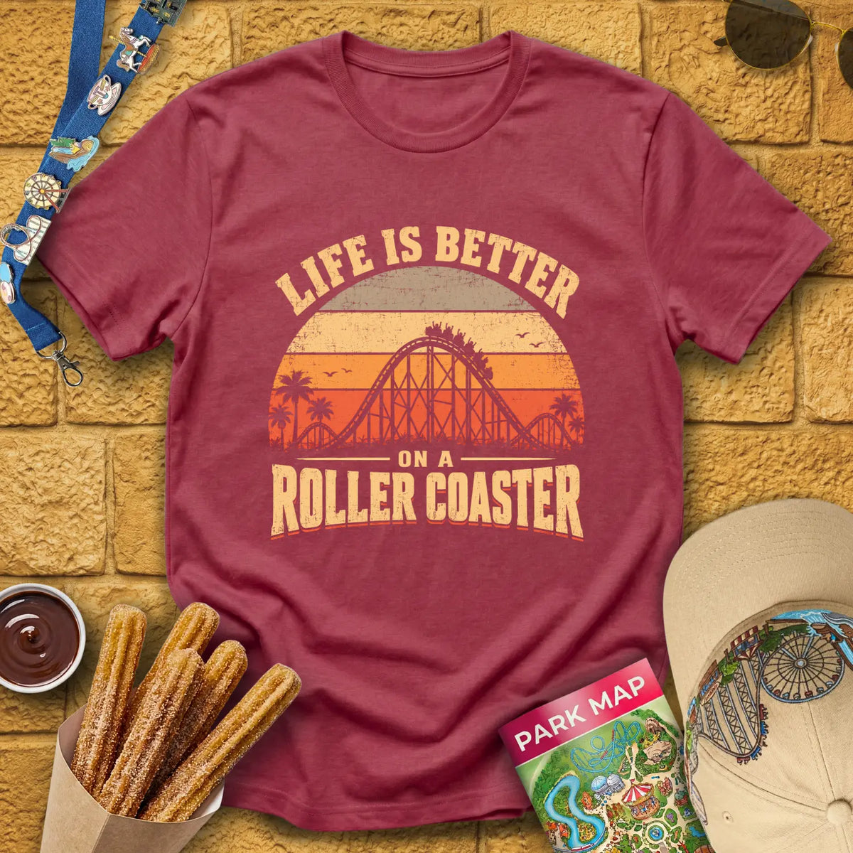 Life's Better On Coaster [Sunset] T-Shirt for Theme Park Fans (Heather Cardinal)